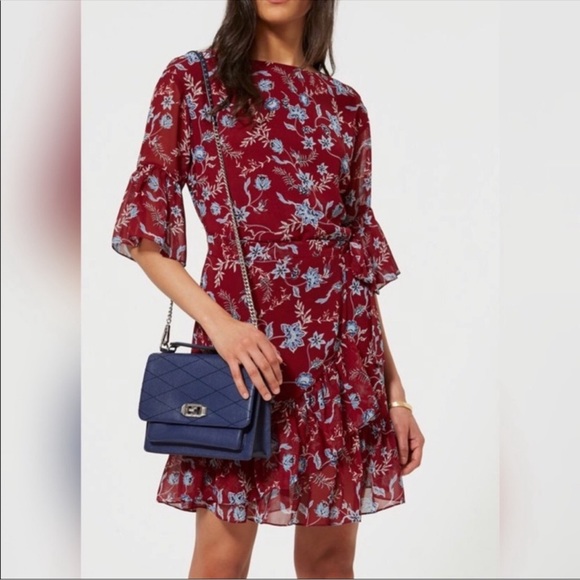 Rebecca Minkoff Wendy Red Floral Wrap Dress Ruffle Bottom Womens size Small NWT - Picture 1 of 15